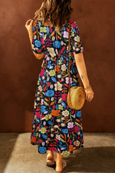 Printed V-Neck Half Sleeve Midi Dress OutfitFlow